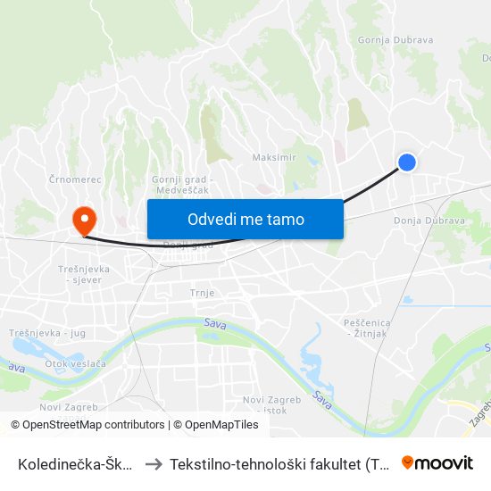 Koledinečka-Škola to Tekstilno-tehnološki fakultet (TTF) map