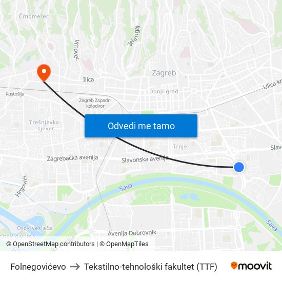 Folnegovićevo to Tekstilno-tehnološki fakultet (TTF) map