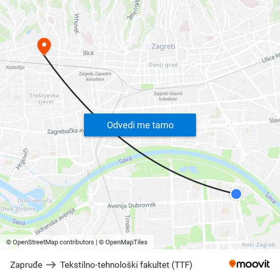 Zapruđe to Tekstilno-tehnološki fakultet (TTF) map