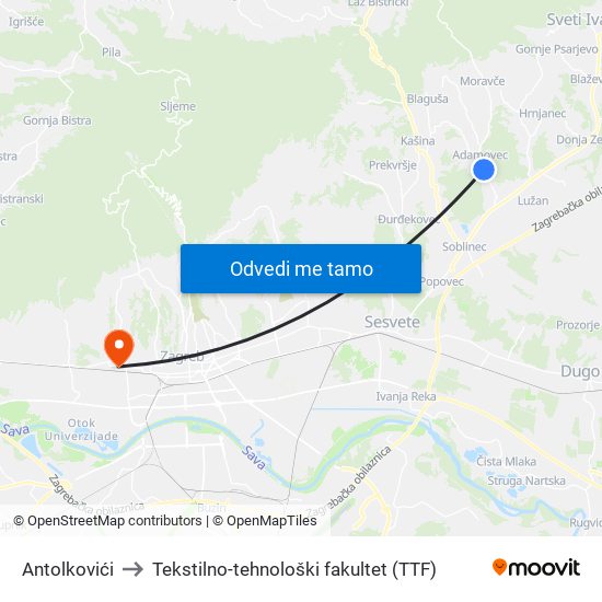 Antolkovići to Tekstilno-tehnološki fakultet (TTF) map