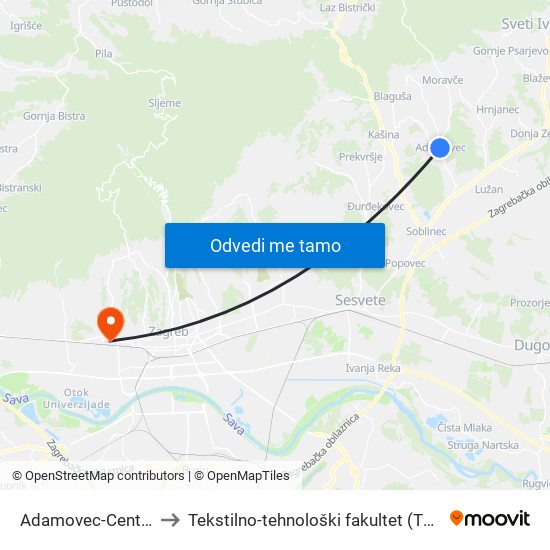 Adamovec-Centar to Tekstilno-tehnološki fakultet (TTF) map