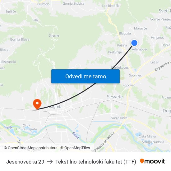 Jesenovečka 29 to Tekstilno-tehnološki fakultet (TTF) map