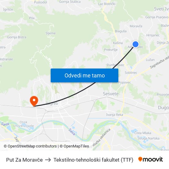 Put Za Moravče to Tekstilno-tehnološki fakultet (TTF) map