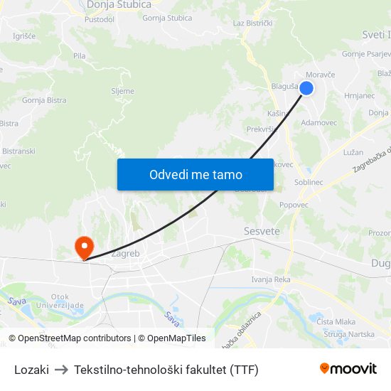 Lozaki to Tekstilno-tehnološki fakultet (TTF) map