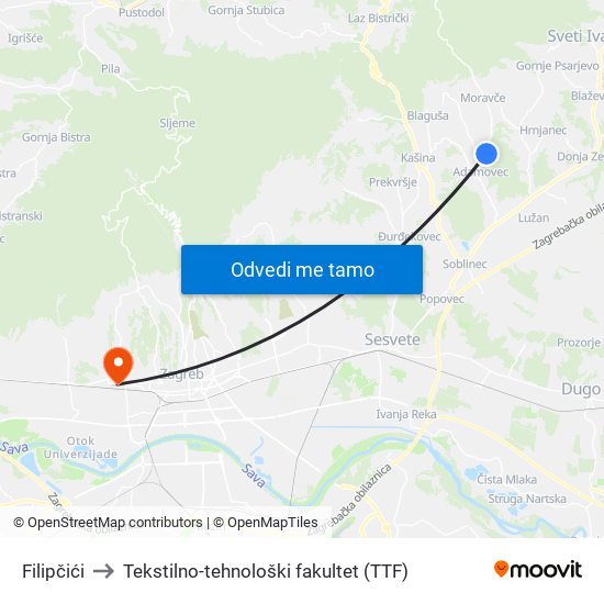 Filipčići to Tekstilno-tehnološki fakultet (TTF) map