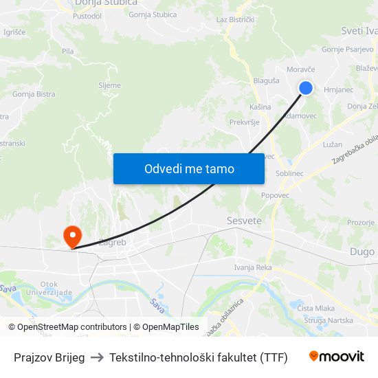 Prajzov Brijeg to Tekstilno-tehnološki fakultet (TTF) map