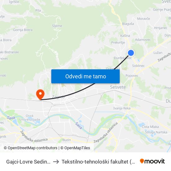 Gajci-Lovre Sedinića to Tekstilno-tehnološki fakultet (TTF) map