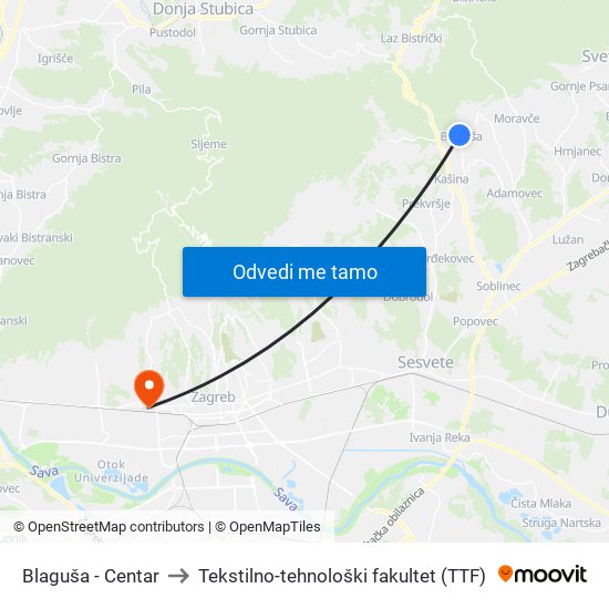 Blaguša - Centar to Tekstilno-tehnološki fakultet (TTF) map