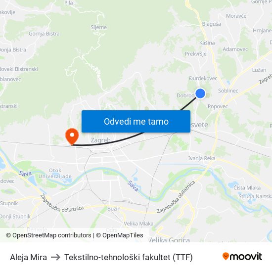 Aleja Mira to Tekstilno-tehnološki fakultet (TTF) map