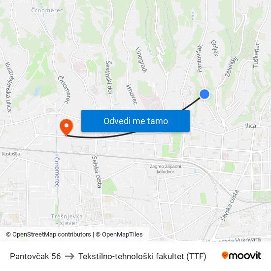 Pantovčak 56 to Tekstilno-tehnološki fakultet (TTF) map