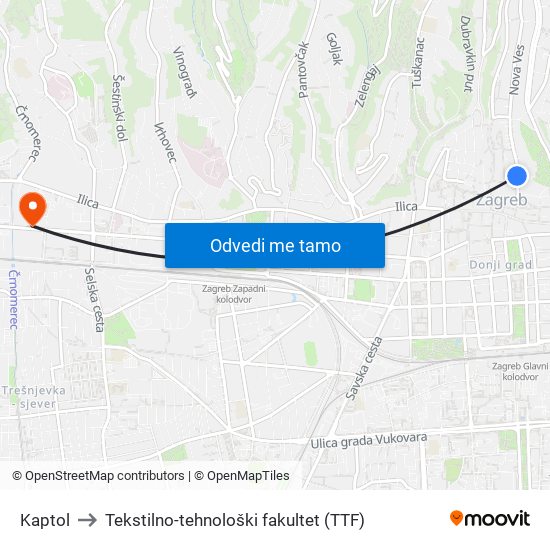 Kaptol to Tekstilno-tehnološki fakultet (TTF) map