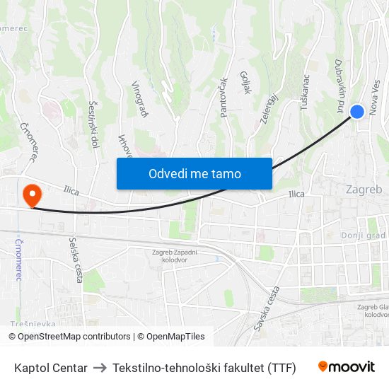 Kaptol Centar to Tekstilno-tehnološki fakultet (TTF) map