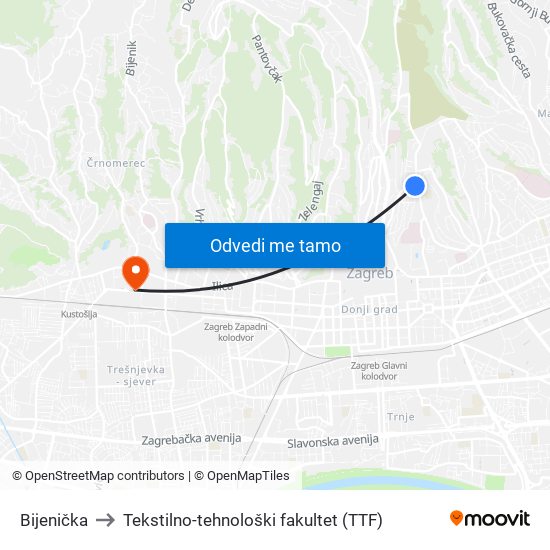 Bijenička to Tekstilno-tehnološki fakultet (TTF) map