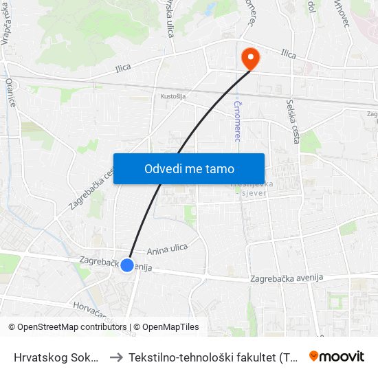 Hrvatskog Sokola to Tekstilno-tehnološki fakultet (TTF) map