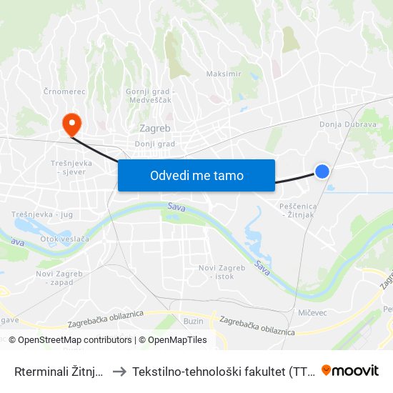 Rterminali Žitnjak to Tekstilno-tehnološki fakultet (TTF) map