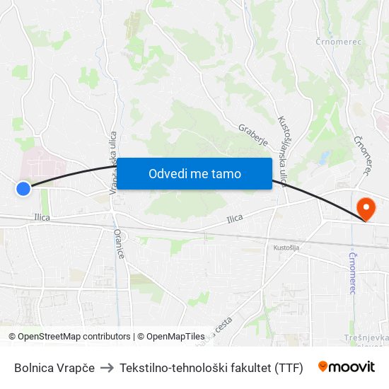Bolnica Vrapče to Tekstilno-tehnološki fakultet (TTF) map