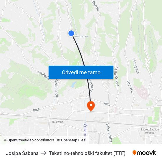 Josipa Šabana to Tekstilno-tehnološki fakultet (TTF) map