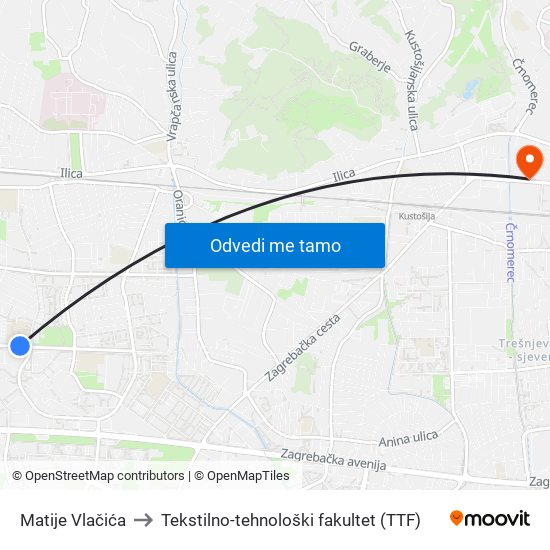 Matije Vlačića to Tekstilno-tehnološki fakultet (TTF) map