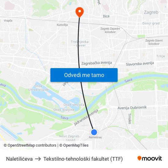 Naletilićeva to Tekstilno-tehnološki fakultet (TTF) map