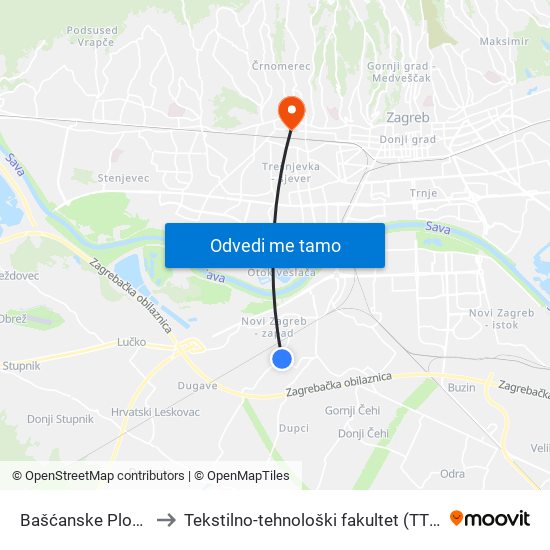 Bašćanske Ploče to Tekstilno-tehnološki fakultet (TTF) map