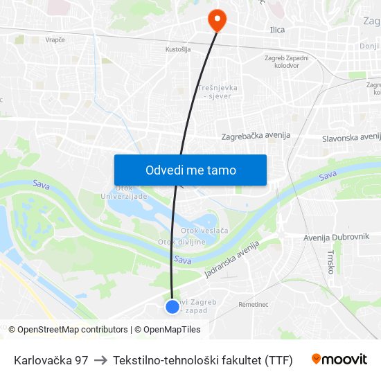 Karlovačka 97 to Tekstilno-tehnološki fakultet (TTF) map