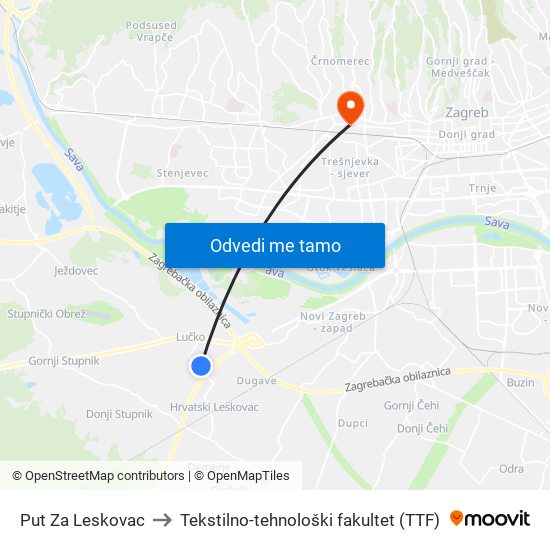 Put Za Leskovac to Tekstilno-tehnološki fakultet (TTF) map