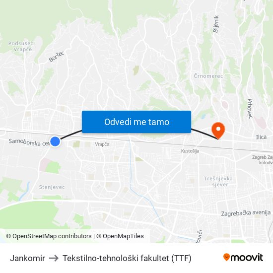 Jankomir to Tekstilno-tehnološki fakultet (TTF) map