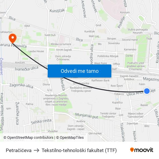 Petračićeva to Tekstilno-tehnološki fakultet (TTF) map