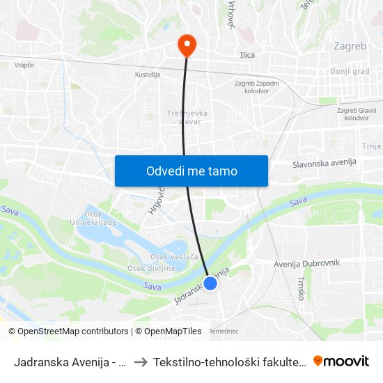 Jadranska Avenija - Arena to Tekstilno-tehnološki fakultet (TTF) map
