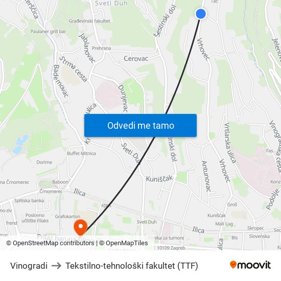 Vinogradi to Tekstilno-tehnološki fakultet (TTF) map