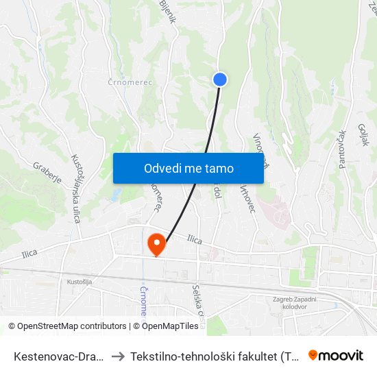 Kestenovac-Drage to Tekstilno-tehnološki fakultet (TTF) map