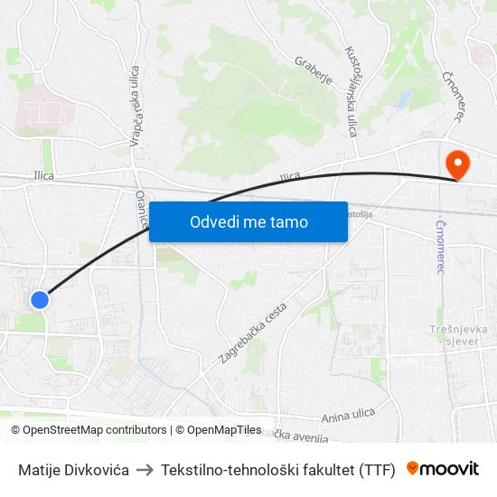 Matije Divkovića to Tekstilno-tehnološki fakultet (TTF) map