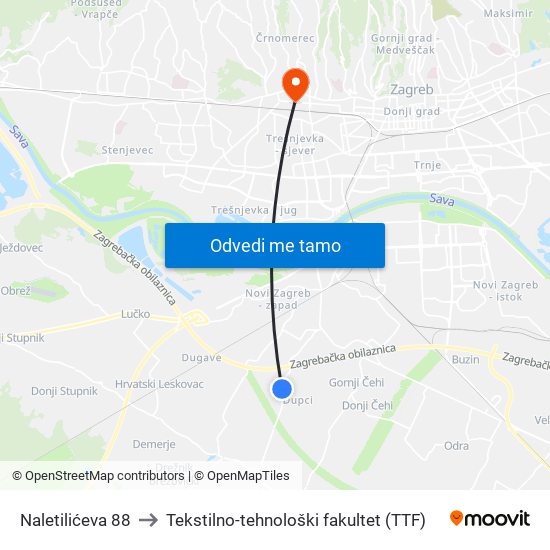 Naletilićeva 88 to Tekstilno-tehnološki fakultet (TTF) map