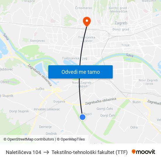 Naletilićeva 104 to Tekstilno-tehnološki fakultet (TTF) map