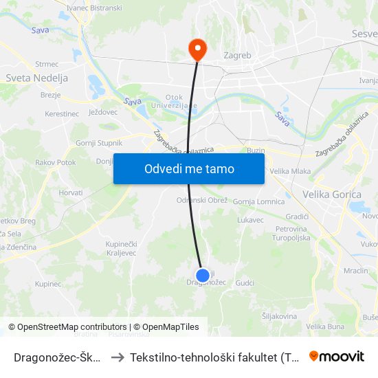 Dragonožec-Škola to Tekstilno-tehnološki fakultet (TTF) map