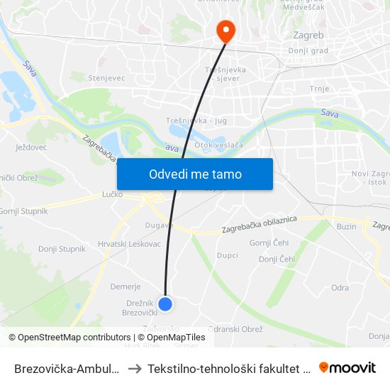 Brezovička-Ambulanta to Tekstilno-tehnološki fakultet (TTF) map