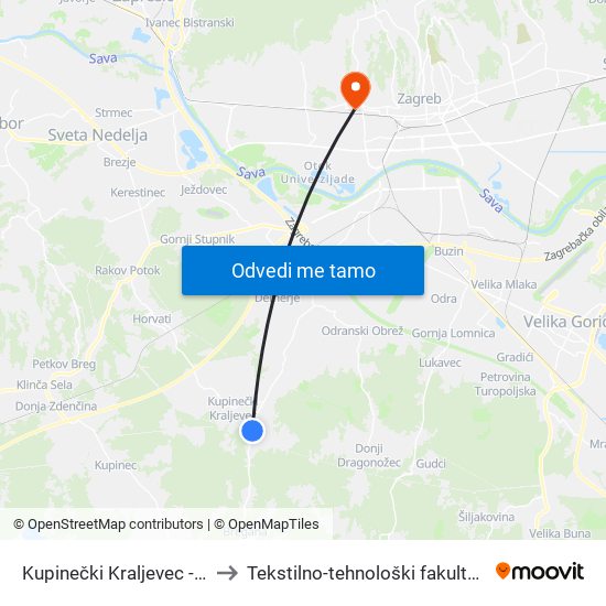 Kupinečki Kraljevec - Škola to Tekstilno-tehnološki fakultet (TTF) map