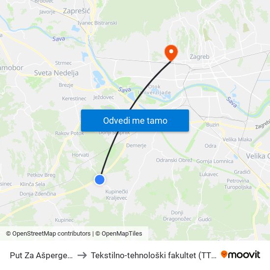 Put Za Ašpergere to Tekstilno-tehnološki fakultet (TTF) map