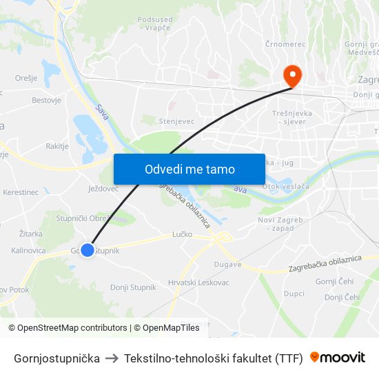 Gornjostupnička to Tekstilno-tehnološki fakultet (TTF) map