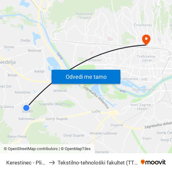Kerestinec - Pliva to Tekstilno-tehnološki fakultet (TTF) map