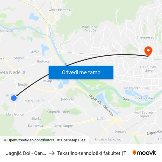 Jagnjić Dol - Centar to Tekstilno-tehnološki fakultet (TTF) map