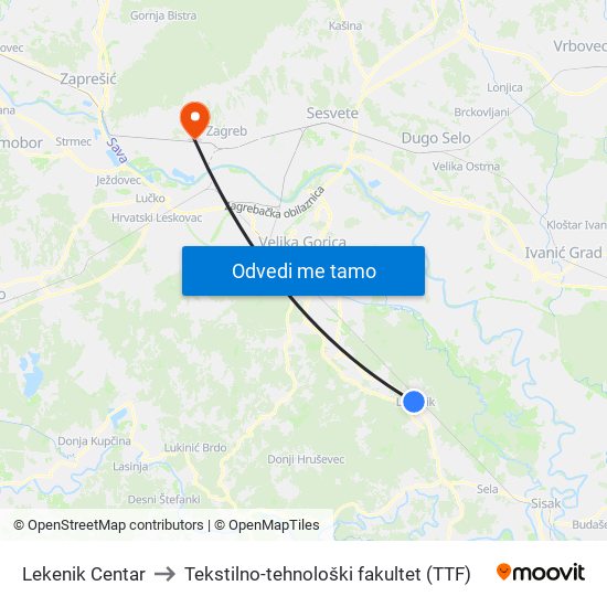 Lekenik Centar to Tekstilno-tehnološki fakultet (TTF) map
