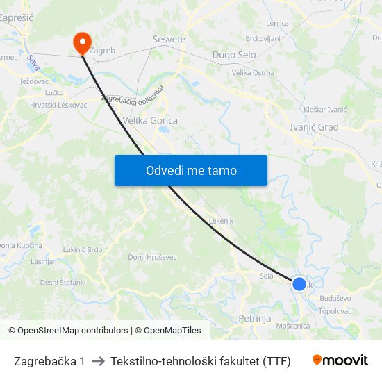 Zagrebačka 1 to Tekstilno-tehnološki fakultet (TTF) map