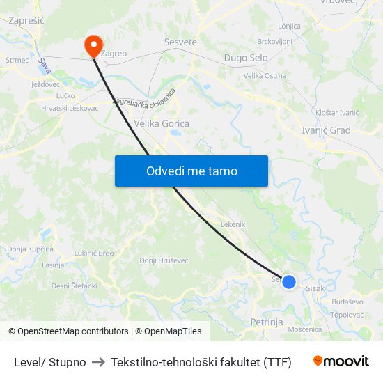Level/ Stupno to Tekstilno-tehnološki fakultet (TTF) map
