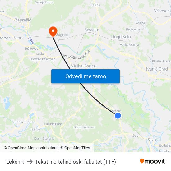 Lekenik to Tekstilno-tehnološki fakultet (TTF) map