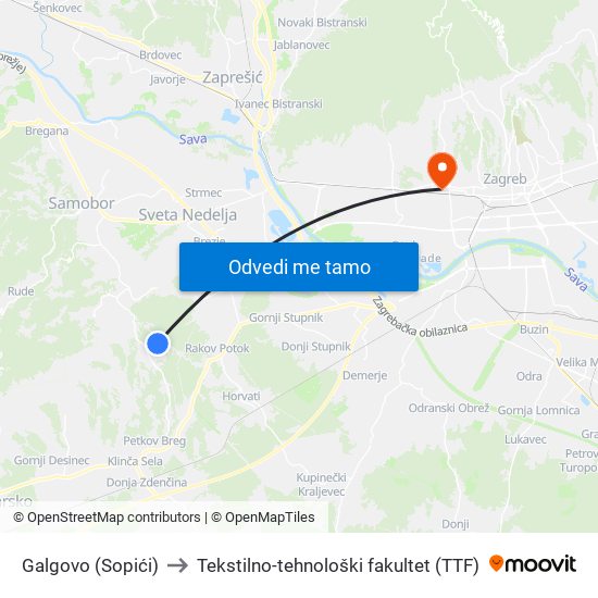 Galgovo (Sopići) to Tekstilno-tehnološki fakultet (TTF) map