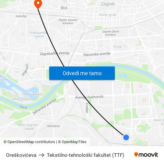 Oreškovićeva to Tekstilno-tehnološki fakultet (TTF) map