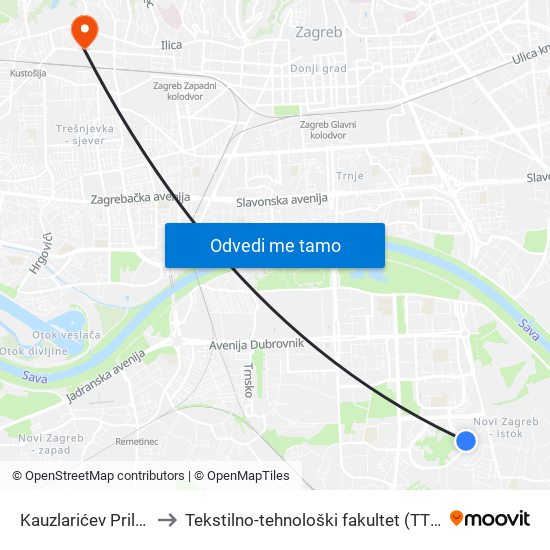 Kauzlarićev Prilaz to Tekstilno-tehnološki fakultet (TTF) map