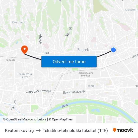 Kvaternikov trg to Tekstilno-tehnološki fakultet (TTF) map