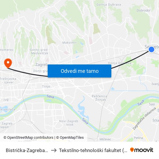 Bistrička-Zagrebačka to Tekstilno-tehnološki fakultet (TTF) map